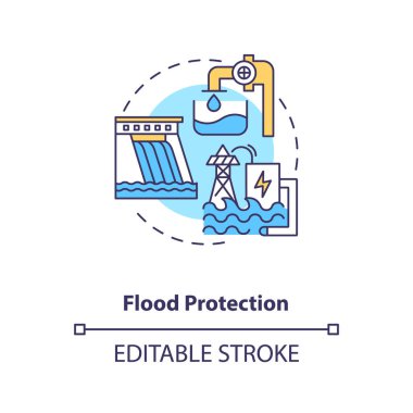 Sel koruma konsepti simgesi. Barajlar sel kontrolü ve su baskınlarının yakalanması fikrine ince çizgiler çiziyor. Pompalı depo davası. Vektör izole edilmiş RGB renk çizimi. Düzenlenebilir vuruş