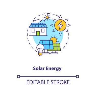Güneş enerjisi konsepti ikonu. Güneş ışığını elektrik fikrine dönüştür. İnce çizgi çizimi. Fotovoltaik sistemler elektrik üretir. Vektör izole edilmiş RGB renk çizimi. Düzenlenebilir vuruş