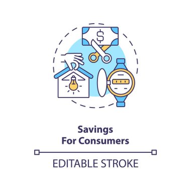 Tüketici konsepti ikonu için tasarruf. Hidroelektrik enerjinin ucuz kalması fikri ince çizgi çizimi. Hidroelektrik üretimi. Vektör izole edilmiş RGB renk çizimi. Düzenlenebilir vuruş