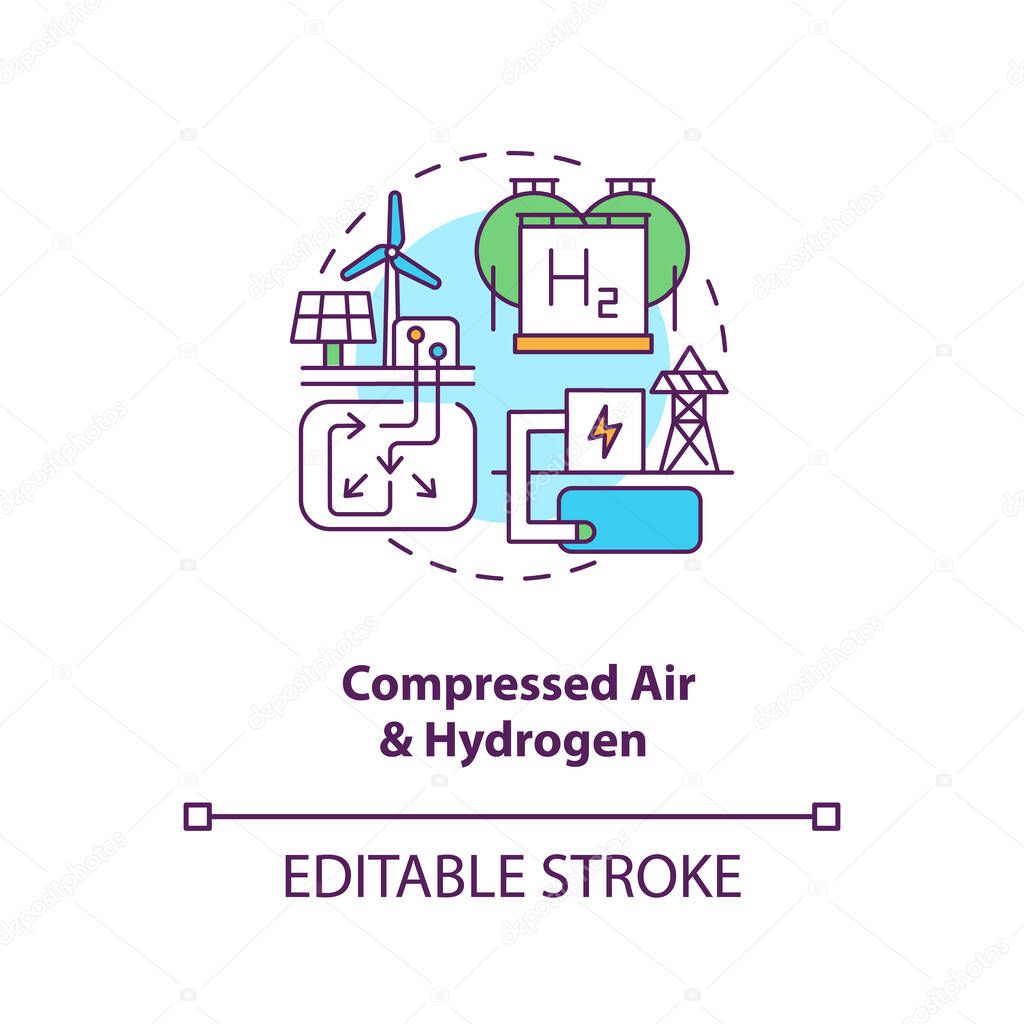 Compressed air and hydrogen concept icon. Generation storage technology idea thin line illustration. Improve efficiencies of gas turbines. Vector isolated outline RGB color drawing. Editable stroke