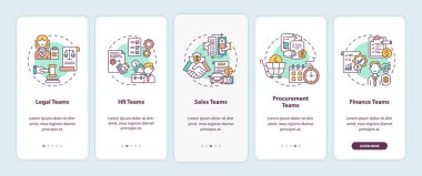 Kontrat yönetimi yazılım kullanıcıları mobil uygulama sayfası ekranında kavramlarla birlikte. Yasal ekipler 5 aşamalı grafik talimatları gözden geçiriyorlar. RGB renk resimleriyle UI vektör şablonu