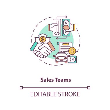 Satış takımlarının konsept ikonu. Kontrat yönetimi yazılım kullanıcıları. Müşterilere iş ürünü ya da hizmet satmak ince çizgili çizim fikrine dayanır. Vektör izole edilmiş RGB renk çizimi. Düzenlenebilir vuruş