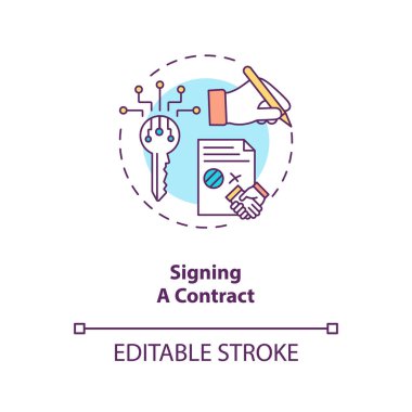 Sözleşme konsepti ikonu imzalıyorum. Sözleşmeli yaşam döngüsü basamakları. İki farklı taraf arasındaki terimleri kabul etmek ince çizgi çizimi fikri. Vektör izole edilmiş RGB renk çizimi. Düzenlenebilir vuruş