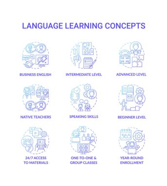 Dil öğrenme konsepti simgeleri ayarlandı. Dil edinme fikri ince çizgi RGB renk çizimleri. Bire bir dersler. Grup kursları. Kaydoldum. Gelişmiş seviye. Vektör izole çizimleri