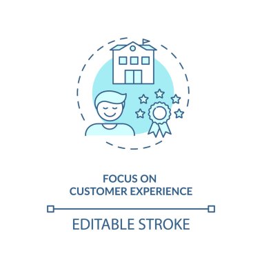 Müşteri deneyimi konsept ikonuna odaklan. Covid 19 salgını sırasında iş seyahati. İnce çizgi çizimi fikri. Karantina önlemleri. Vektör izole edilmiş RGB renk çizimi. Düzenlenebilir vuruş
