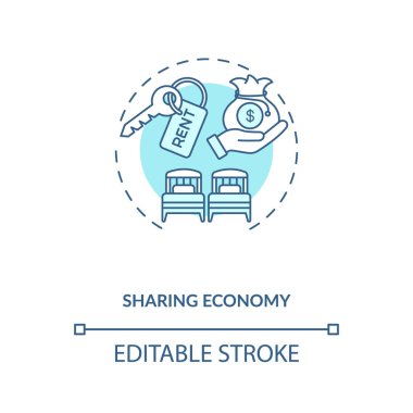 Ekonomi konsepti ikonu paylaşmak. Covid 19 salgını sırasında iş seyahati ince çizgi çizgisi çizimi. Turizm endüstrisi ve hizmet optimize edilir. Vektör izole edilmiş RGB renk çizimi. Düzenlenebilir vuruş