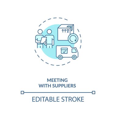 Tedarikçilerle toplantı konsepti. İş gezisi fikri ince çizgi çizimi. Covid 19 salgını sırasında seyahat ediyor. Turizm servisi. Vektör izole edilmiş RGB renk çizimi. Düzenlenebilir vuruş