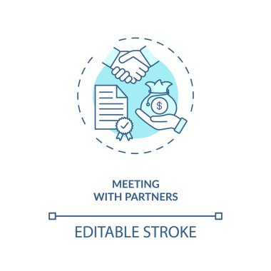 Ortaklar konsepti ikonu ile toplantı. Covid 19 'da iş seyahati ince çizgi çizimi. İş toplantısı. Turizm servisi. Vektör izole edilmiş RGB renk çizimi. Düzenlenebilir vuruş