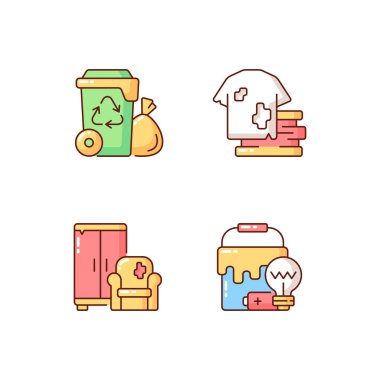 Çöp öğütücü RGB renk simgeleri ayarlandı. Yerleşik atık toplama. Sağlam malzemeler. Toplu reddetme. Moda, tekstil endüstrisi reddediyor. Ek imha teknikleri. İzole vektör çizimleri