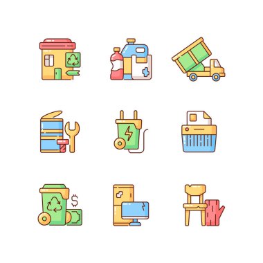 Çöp toplama RGB renk simgeleri ayarlandı. Metal atığı. Atık enerjisi. Açık konteynır. Atılmış ahşap ürünler. E-atık. Plastik kirliliği. Tüketici ürünleri. İzole vektör çizimleri