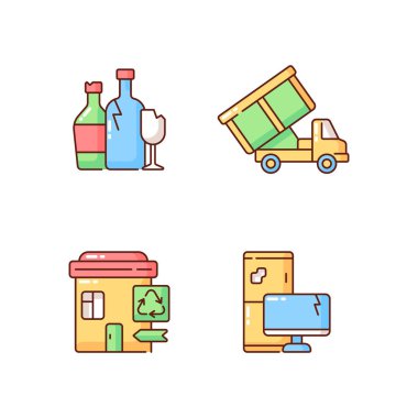 Çöp yönetimi RGB renk simgeleri ayarlandı. Cam geri dönüşümü. Takviye kamyonet. Atılmış elektronik cihazlar. Geri dönüşüm toplama merkezi. Geri dönüşümsüz materyaller. İzole vektör çizimleri