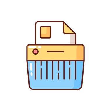 Kağıt parçalama RGB renk simgesi. Kağıdı iki şeride ayırmak, ince parçacıklar. Mekanik cihaz. Özel, gizli ve hassas belgeleri yok etmek. İzole vektör illüstrasyonu