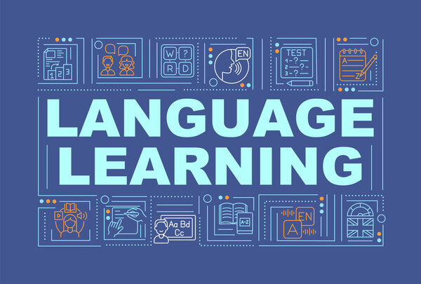 Баннер понятий слова для изучения языка. Школьные уроки онлайн для изучения новых знаний. Инфографика с линейными значками на военно-морском фоне. Изолированная типография. Векторный контур цветной иллюстрации RGB