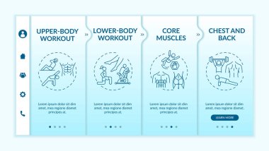 Beden eğitimi seansı vektör şablonunda yer alır. Çekirdek kas egzersizleri. Alt vücut egzersizi. Simgeli ilgili mobil web sitesi. Web sayfası basamak ekranları. RGB renk kavramı
