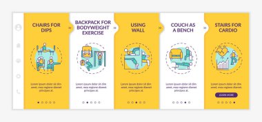 Beden eğitimi alternatifleri vektör şablonunda. Sandalyeler dalış için. Duvar kullanılıyor. Kanepe gibi. Simgeli ilgili mobil web sitesi. Web sayfası basamak ekranları. RGB renk kavramı