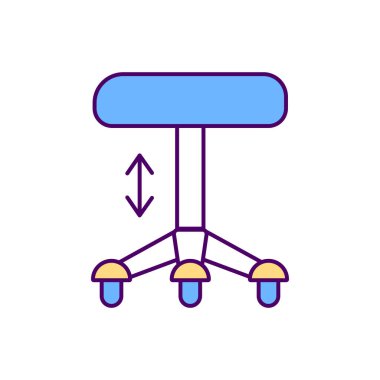 Sandalye yüksekliği ayarlanıyor RGB renk simgesi. Ergonomik ofis alanı. Sandalye doğru pozisyonda. Kronik sırt ağrısından kaçınıyorum. Koltuk yüksekliği. Kas yorgunluğunu ve uyuşukluğunu önlüyor. İzole vektör illüstrasyonu