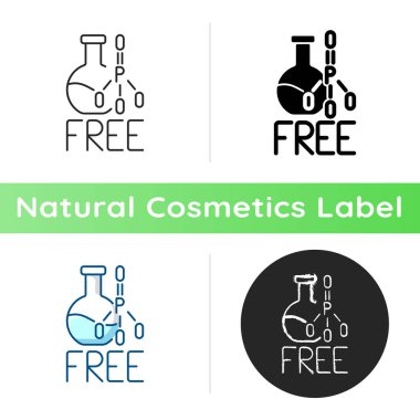 Fosfatsız ikon. Doğal kozmetikler. Güvenli alternatifler yaratma yeteneği. Zararlı kimyasal katkı maddeleri olmadan kozmetik ürünleri. Lineer siyah ve RGB renk stilleri. İzole vektör çizimleri