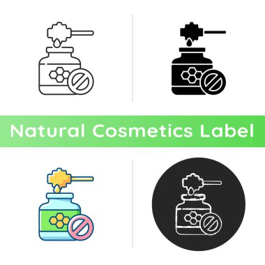 Bal içermeyen ikon. Doğal kozmetik üretimi ekoloji konsepti. Zararlı kimyasal katkı maddeleri olmadan kozmetik ürünleri yaratmak. Lineer siyah ve RGB renk stilleri. İzole vektör çizimleri