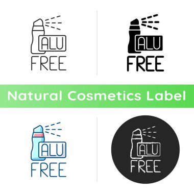 Alüminyum içermeyen simge. Zararlı etkileri olmayan doğal kozmetik ürünler. Profesyonel cilt bakımı. Ekoloji hareketi. Lineer siyah ve RGB renk stilleri. İzole vektör çizimleri