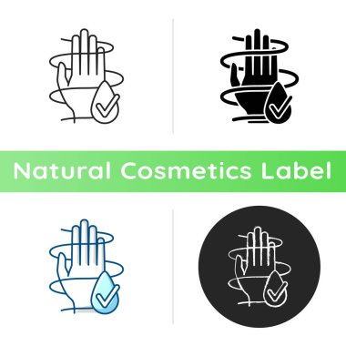 Dermatolojik olarak test edilmiş bir ikon. Güvenli ve ekolojik kozmetik ürünleri üretimi. Doğal cilt bakımı. Ekoloji hareketi, doğrusal siyah ve RGB renk stilleri. İzole vektör çizimleri