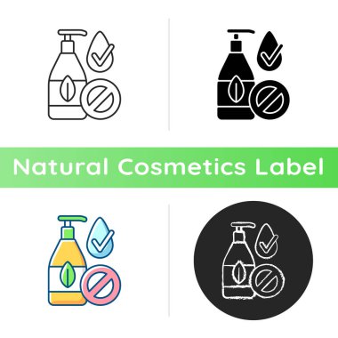 Silikon içermeyen ikon. Doğal kozmetikler. Zararlı kimyasal katkı maddeleri olmadan kozmetik ürünleri yaratmak. Profesyonel bakım. Lineer siyah ve RGB renk stilleri. İzole vektör çizimleri