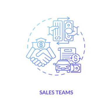 Satış takımlarının konsept ikonu. Kontrat yönetimi yazılım kullanıcıları. Müşterilere iş ürünleri ya da hizmetler satmak ince çizgili çizim fikrine dayanır. Vektör izole edilmiş RGB renk çizimi