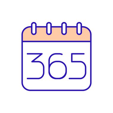 Yıl RGB renk simgesi takvimi. Bir yıllık dönem. 365 gün boyunca. Günleri belirlemek, tarihleri belirlemek. Zamanı periyotlara bölme sistemi. Kayıt etkinlikleri, randevular. İzole vektör illüstrasyonu