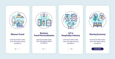 İş seyahati trendleri mobil uygulama sayfası ekranında kavramlarla birlikte. Konukseverlik endüstrisinde 4 aşamalı grafik talimatlar. RGB renk resimleriyle UI vektör şablonu