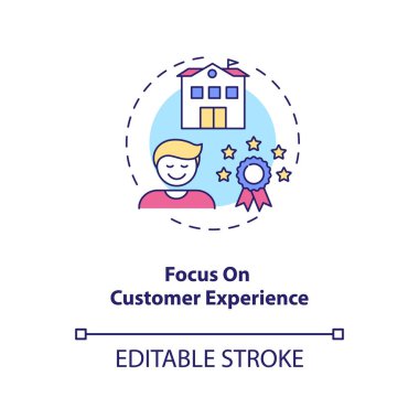 Müşteri deneyimi konsept ikonuna odaklan. Covid 19 salgını sırasında iş seyahati. İnce çizgi çizimi fikri. İş optimizasyonu. Vektör izole edilmiş RGB renk çizimi. Düzenlenebilir vuruş