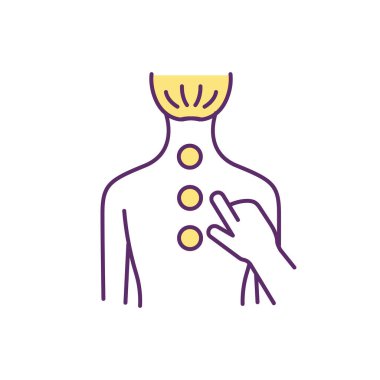 Kronik sırt ağrısı tedavisi RGB renk simgesi. Akupunktur, refleksoloji. Omurilikten kimyasallar salınıyor. Kas sertliği ve ağrıdan kurtulmak için. İzole vektör illüstrasyonu