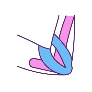 Dirsek yaralanması RGB renk ikonu bantlanıyor. Eklemler, tendonlar ve bağlar destekliyor. Rahatlatıcı ağrı ve şefkat. Doku manipülasyonu. İlintili kasları rahatlatıyor. İzole vektör illüstrasyonu