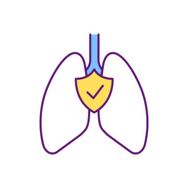 Solunum koruması RGB renk simgesi. Solunum yolları ve akciğerler güvenli. Mesleki hastalıkları önlüyor. İş yerindeki havadaki kirleticileri temizliyorum. Kişisel koruyucu ekipman. İzole vektör illüstrasyonu