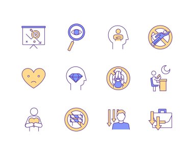 Erteleme RGB renk simgeleri ayarlandı. Düşük özsaygı ve depresyon. Hayat zorlukları üstesinden gelir. Kronik tatminsizlik. Yıkıcı davranış. İşteki motivasyonunu kaybediyor. İzole vektör çizimleri