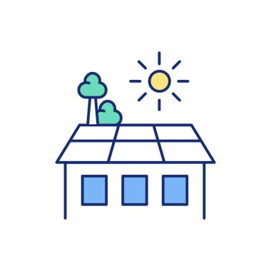 Rahatlama için çatı katı RGB renk simgesi. Çatı bahçesi inşaatı. Eğlence amaçlı yeşil alan. Açık, düz çatı alanı. Yaz rahatlatıcı ve eğlenceli. Yaşayan çatı. İzole vektör illüstrasyonu