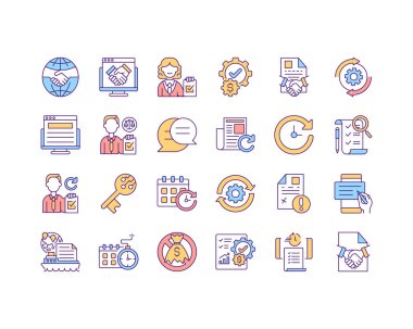 Kontrat yönetimi RGB renk simgeleri ayarlandı. Kontrat yönetimi avantajları. İş ihtiyaçlarını önceden tahmin et. Fikri mülkiyet anlaşması. Dijital imza topluyorum. İzole vektör çizimleri