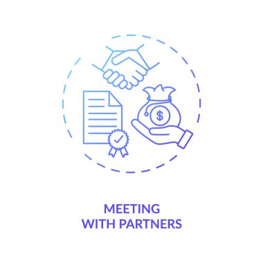 Ortaklar konsepti ikonu ile toplantı. Covid 19 'da iş seyahati ince çizgi çizimi. Pandemik adaptasyon. İş konferansı, toplantı. Vektör izole edilmiş RGB renk çizimi