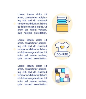 Yazılı bağış kutusu konsepti simgesi kullanılıyor. Artık ihtiyacın olmayan kıyafetleri ver. PPT sayfa vektör şablonu. Broşür, dergi, kitapçık tasarım ögesi doğrusal çizimler