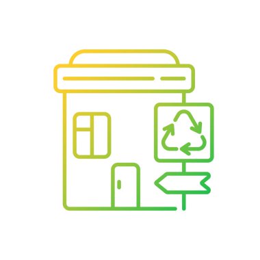 Geri dönüşüm merkezi gradyan doğrusal vektör simgesi. Atık depolama ve malzeme toplama tesisi. Teslimat merkezi. İnce çizgi renkli semboller. Modern tarz pictogram. Vektör izole çizimi