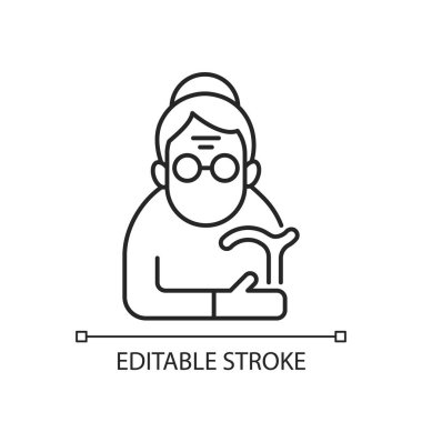 Kadın emekliler için doğrusal simge. Bunak kadın. Yaşlılık işte. Yaşlanma süreci. 90 yaş ve üstü bir adam. İnce çizgi özelleştirilebilir illüstrasyon. Contour sembolü. Vektör izole çizim. Düzenlenebilir vuruş