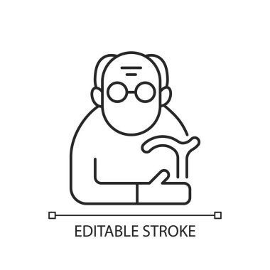 Erkek emekliler için doğrusal simge. Bunak adam. Yaşlılık. İş gücünden emekli oldum. Yaşlanma süreci. İnce çizgi özelleştirilebilir illüstrasyon. Contour sembolü. Vektör izole çizim. Düzenlenebilir vuruş
