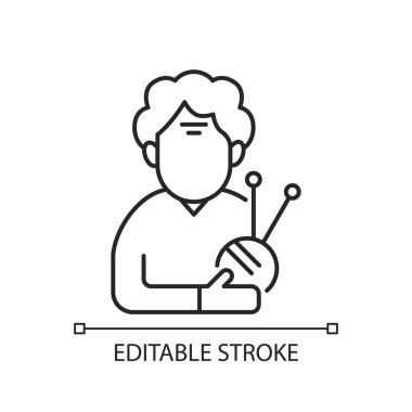 Yaşlı kadın doğrusal simgesi. Yaşlı kadın emekli. 60-65 yıl. Yüz yaşlanma. Kırışıklıklar, donukluk. İnce çizgi özelleştirilebilir illüstrasyon. Contour sembolü. Vektör izole çizim. Düzenlenebilir vuruş