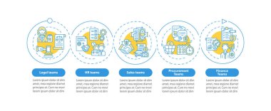 Kontrat yönetimi yazılım kullanıcıları vektör bilgi şablonu. Hukuk takımları tasarım elementlerini sunar. Veri görselleştirmesi 5 adımda. Zaman çizelgesi. Doğrusal simgelerle çalışma akışı düzeni