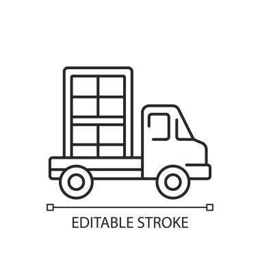 Pencere dağıtım doğrusal simgesi. Müşteri hizmetleri. İnşaat alanına inşaat malzemeleri taşıyorum. İnce çizgi özelleştirilebilir illüstrasyon. Contour sembolü. Vektör izole çizim. Düzenlenebilir vuruş