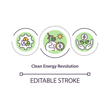 Temiz Enerji Devrimi konsepti ikonu. Zararlı kirlilik fikrinin ince çizgi çiziminin azaltılması. Enerji elde etmek için yenilenebilir yollar. Vektör izole edilmiş RGB renk çizimi. Düzenlenebilir vuruş
