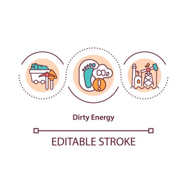 Kirli enerji konsepti ikonu. İklim değişikliği fikri ince çizgi çizimi. Enerji verimliliğini optimize et. Çevresel sorumluluk. Vektör izole edilmiş RGB renk çizimi. Düzenlenebilir vuruş