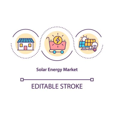 Güneş enerjisi pazar konsepti ikonu. Temiz enerji fikri ince çizgi çizimi. Enerji verimliliğini optimize et. Çevresel koruma. Vektör izole edilmiş RGB renk çizimi. Düzenlenebilir vuruş