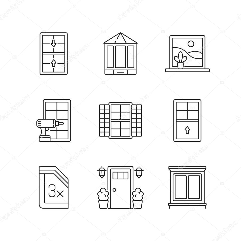 Installation services linear icons set. Double-hung windows. Entry doors. Outside view maximizing. Customizable thin line contour symbols. Isolated vector outline illustrations. Editable stroke