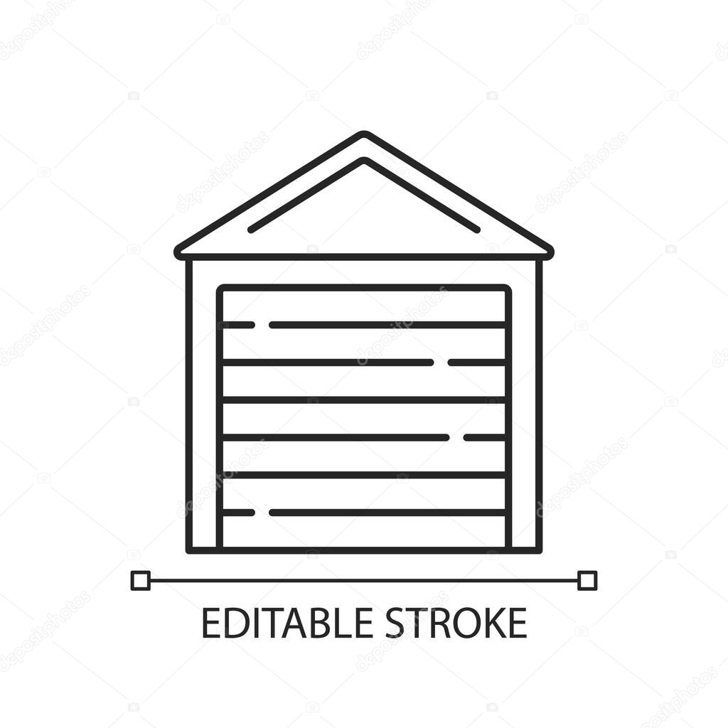 Garage doors linear icon. Storage space. Parking car in garage. Safety, security feature. Thin line customizable illustration. Contour symbol. Vector isolated outline drawing. Editable stroke