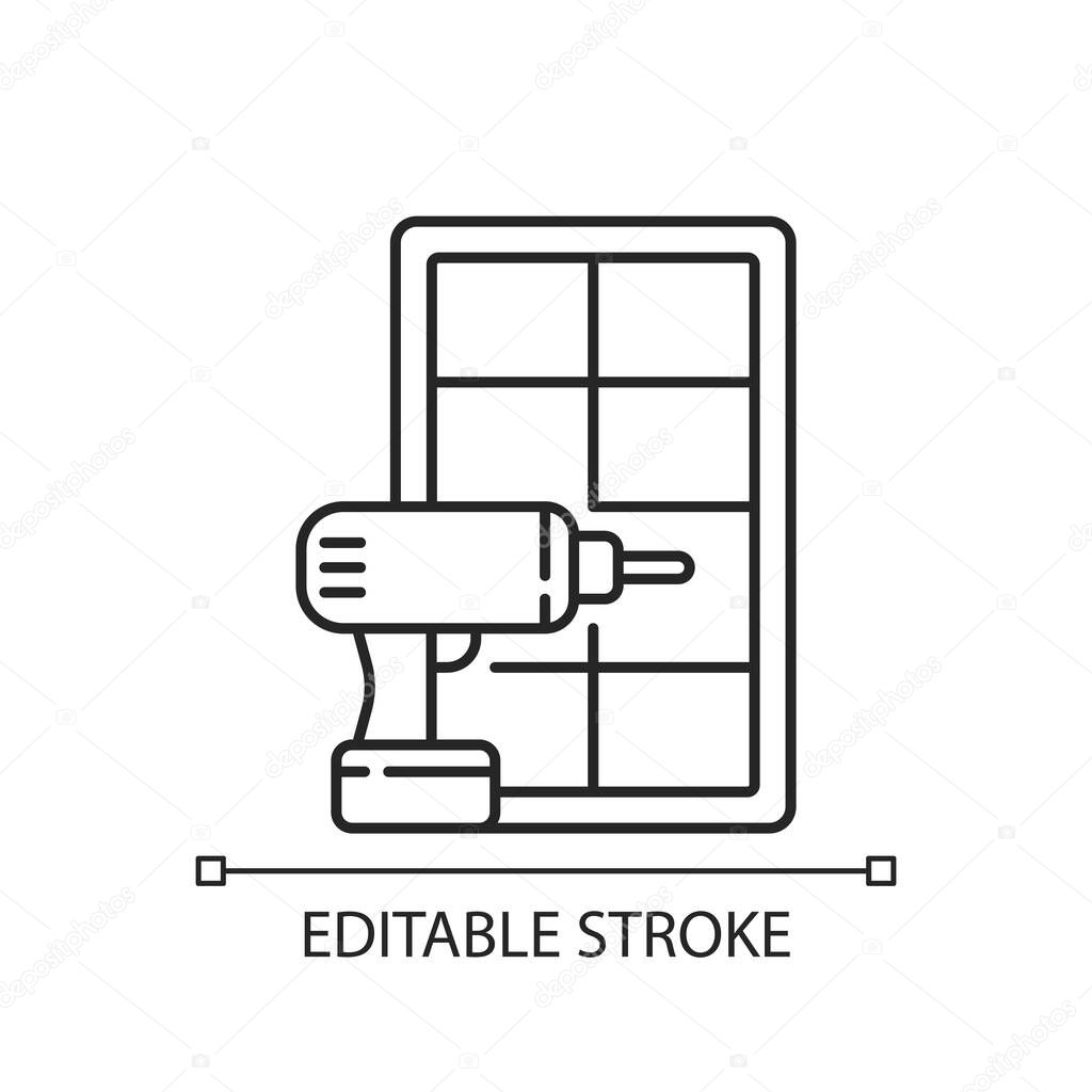 Window installation linear icon. Home improvement. Replacing whole-house old windows. Thin line customizable illustration. Contour symbol. Vector isolated outline drawing. Editable stroke