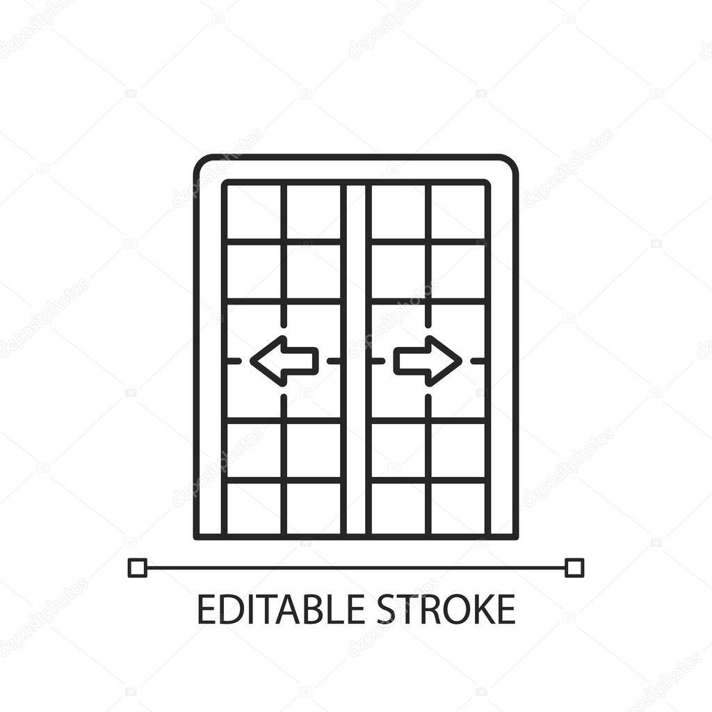 Patio doors linear icon. Sliding glass door. Architecture, construction. Large window opening. Thin line customizable illustration. Contour symbol. Vector isolated outline drawing. Editable stroke
